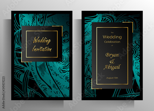 Design wedding invitation template set. Turquoise textural elements on black color are manually drawn. Vector 10 EPS.