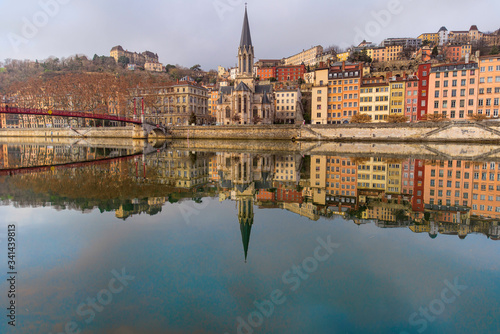 The Saone River, and Saint-Gorges church and bridge, in Old Lyon, France