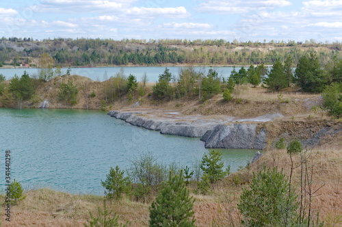 Kalush, Ukraine, 2020: The abandoned and flooded quarry of potash salts in an offhand manner.