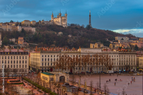 Basilique Notre Dame de Fourviere Church seen from the Place Bellecour square. These two places are major landmarks of Lyon