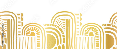 Gold foil border seamless abstract doodle shapes. Cute geometric collage shapes and doodles repeating vector pattern metallic golden on white. Modern elegant line art for footer, letter, cards, invite