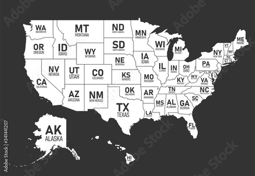 Map of United States of America with state names and abbreviations. Black and white print map of USA. Vector flat style Illustration.