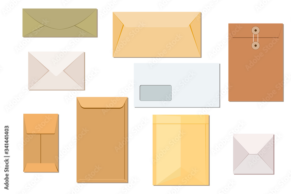 Different types of envelopes mock ups isolated on a white background