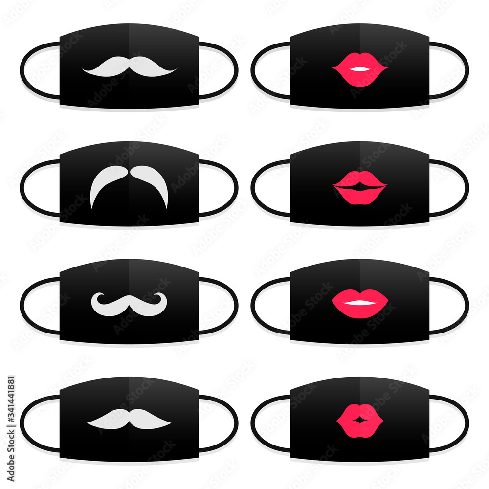 Set of medical masks with lips and mustache print. Modern person accessories Set of medical masks with lips and mustache print. Modern person accessories
