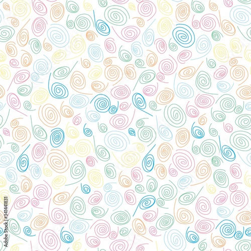 Seamless Endless Funny Background Pattern of Orange, Blue, Yellow, Pink Swirls and Curls. Gift Wrapping or Invitation Template. Hand Drawn Doodle Style Craft Backdrop.