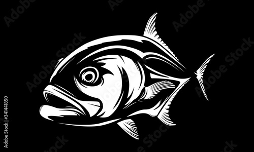 Fishing emblem of  permit isolated on white. Bone fish logo in blue colours. Ocean theme background.