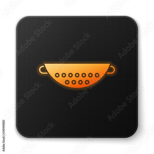 Orange glowing neon Kitchen colander icon isolated on white background. Cooking utensil. Cutlery sign. Black square button. Vector Illustration