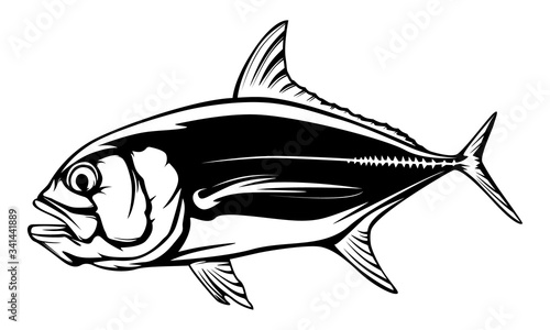 Fishing emblem of  permit isolated on white. Bone fish logo in blue colours. Ocean theme background.