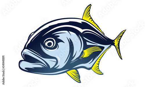 Fishing emblem of  permit isolated on white. Bone fish logo in blue colours. Ocean theme background.