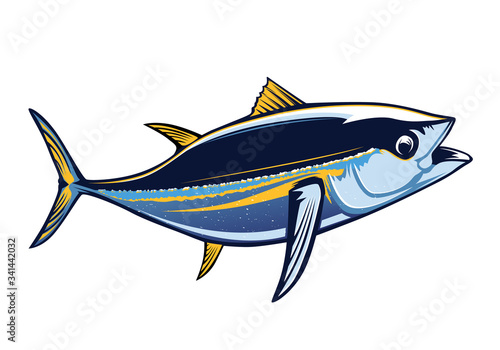 Tuna big fishing on white logo illustration. Vector illustration can be used for creating logo and emblem for fishing clubs, prints, web and other crafts.