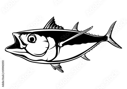 Tuna big fishing on white logo illustration. Vector illustration can be used for creating logo and emblem for fishing clubs, prints, web and other crafts.