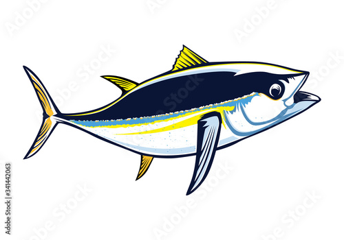Tuna big fishing on white logo illustration. Vector illustration can be used for creating logo and emblem for fishing clubs, prints, web and other crafts.