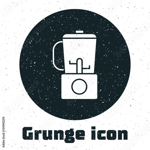 Grunge Blender icon isolated on white background. Kitchen electric stationary blender with bowl. Cooking smoothies, cocktail or juice. Monochrome vintage drawing. Vector Illustration