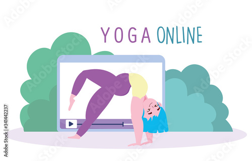 online yoga, girl training exrcises yoga tablet app catoon