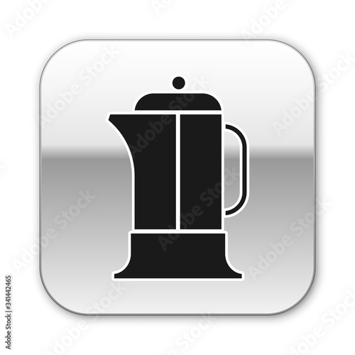 Black French press icon isolated on white background. Silver square button. Vector Illustration