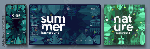 Vector illustration. Summer, nature, leaves, trees. A set of backgrounds for mobile phone, desktop, and cover art.