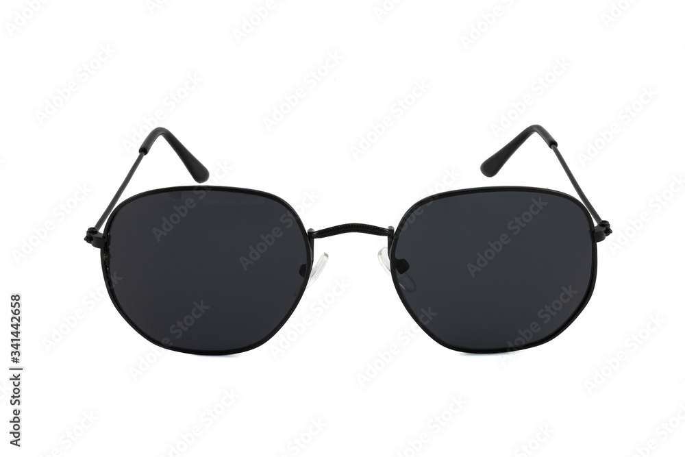 Sunglasses with square shape, wrap around, thin frames. Black sunglasses isolated on white background. Front view. Sunglasses with square shape, wrap around, thin frames. Black sunglasses isolated on white background. Front view.