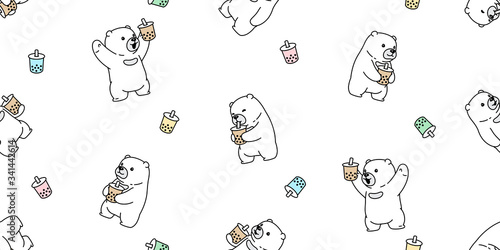 bear seamless pattern polar bear Boba milk tea vector bubble milk tea cartoon scarf isolated repeat wallpaper tile background doodle illustration white design