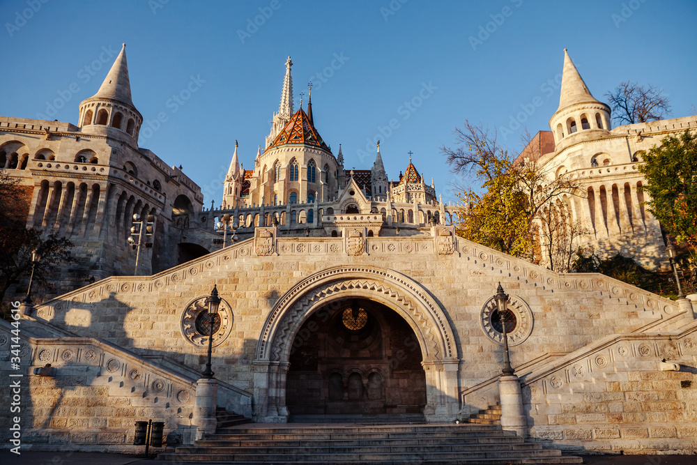 View of the Fisherman's Bastion from the bottom up. Stairs leading to the Bastion