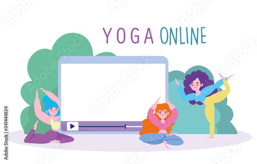 online yoga, group women characters with tablet practicing yoga meditation training cartoon