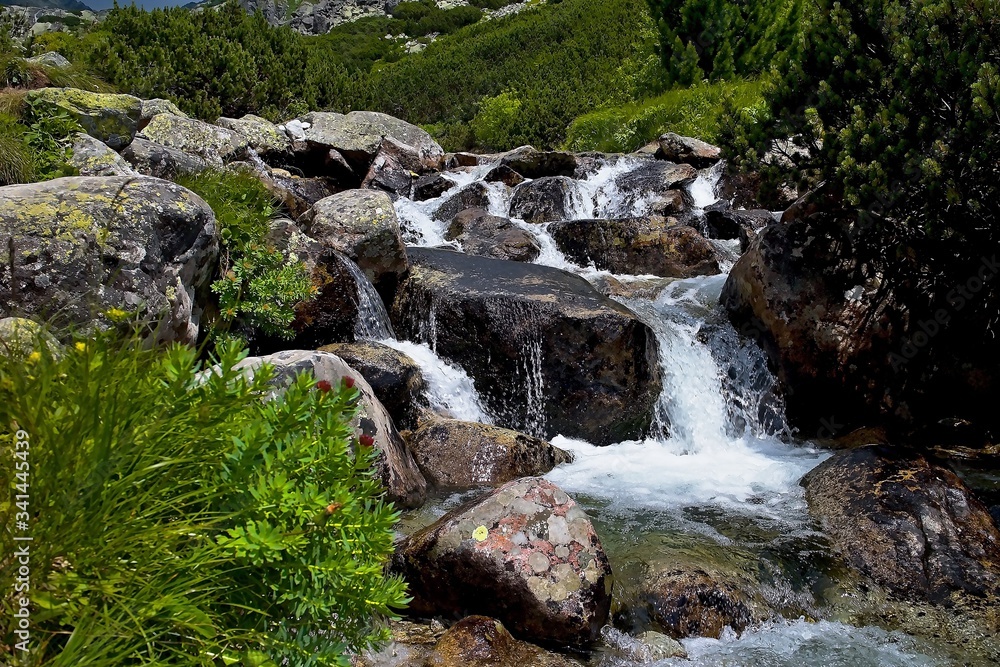 Stones in the mountain stream flowing under Skok waterfall in Mlynicka valley. Stones in the mountain stream flowing under Skok waterfall in Mlynicka valley.