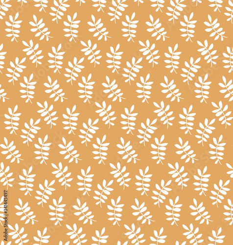 Floral simple minimalist seamless pattern graphic design for paper, textile print, page fill. Hand drawn white leaves on a beige background. Great for scrapbooking, packaging, textiles.