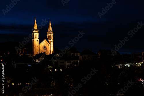 Night lights of Houses and church in Forbach village