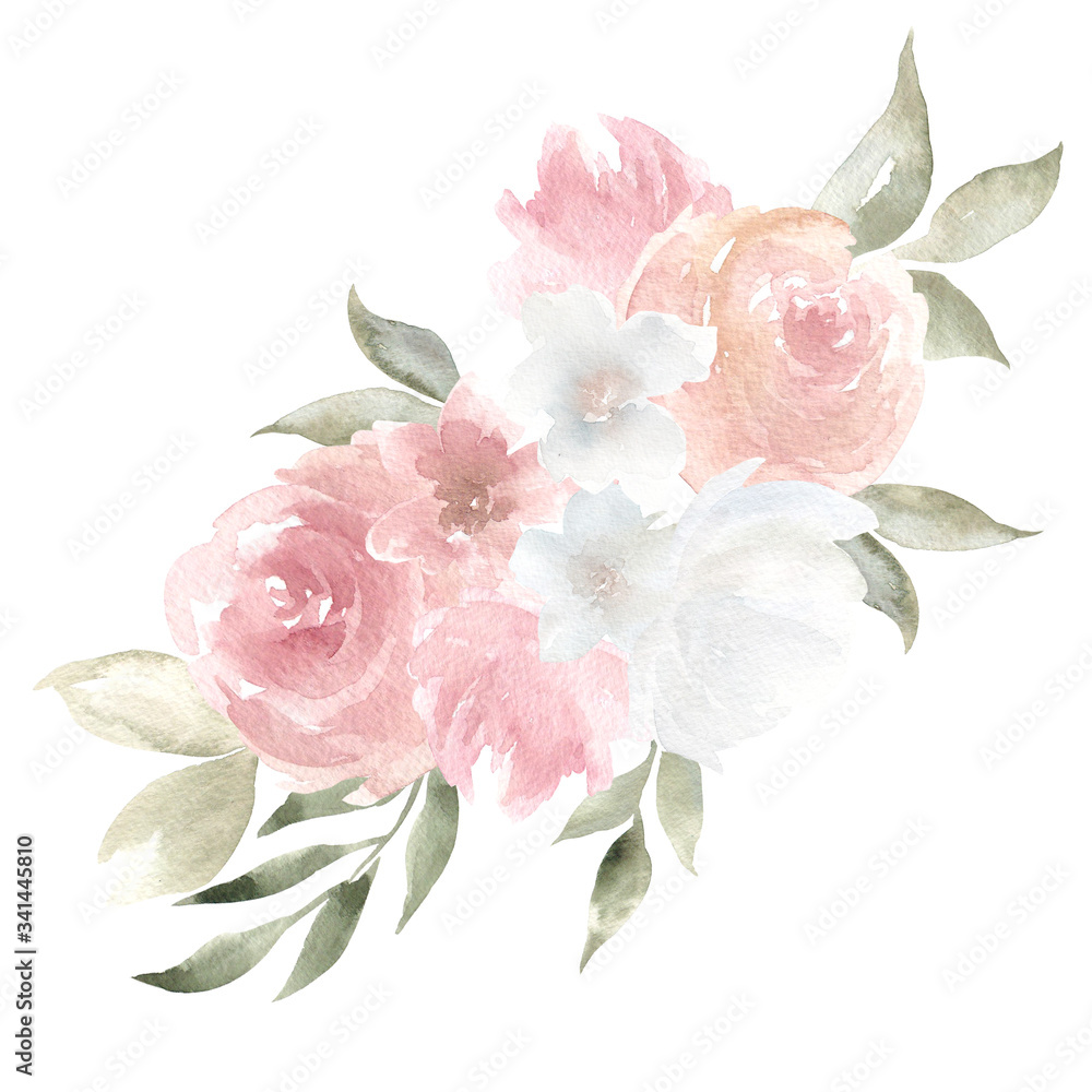 Watercolor illustration with elegant flowers and leaves, isolated on white background