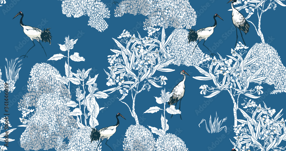 Fototapeta Black Tail Cranes in Oleander Garden Exotic Floral Trees, Floral Nature Seamless Pattern White on Blue Background, Chinoiserie Chinese Print Wildlife in Flowers