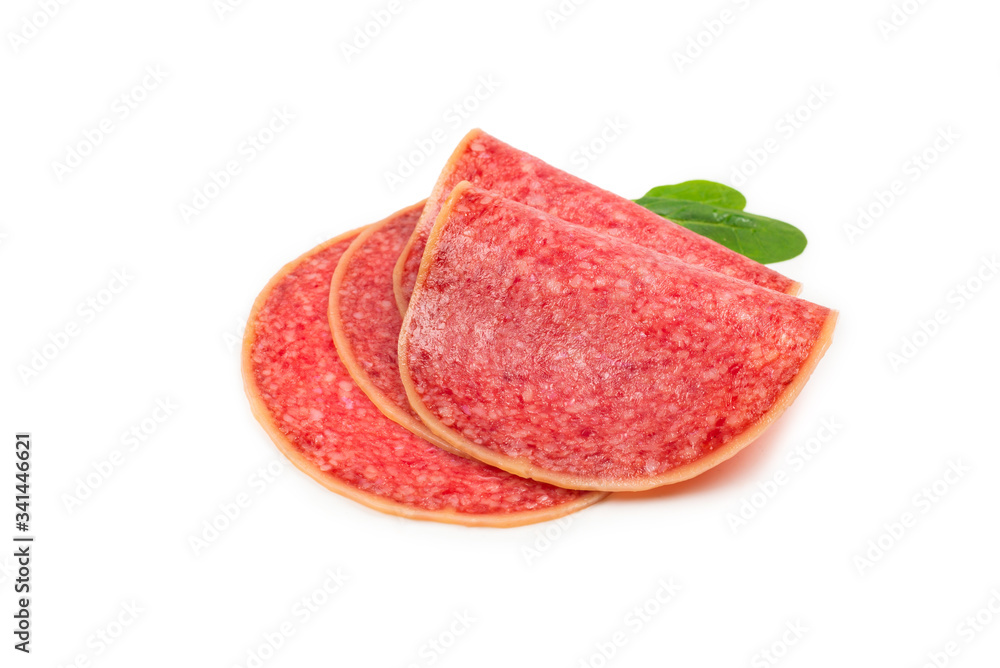Salami slices isolated on white background. Salami slices isolated on white background.