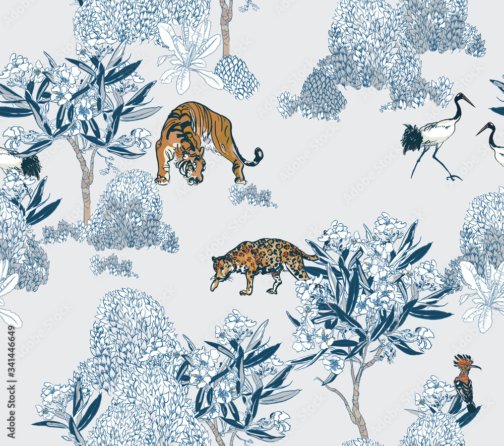 custom made wallpaper toronto digitalBlue and White Porcelain Chinese Pattern with Big Scene of Tiger and Leopard in Garden, Wildlife Chinoiserie Oriental Seamless Pattern