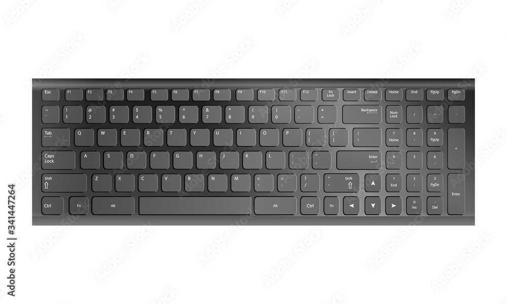 Realistic grey modern laptop keyboard on isolated background, top view, vector illustration