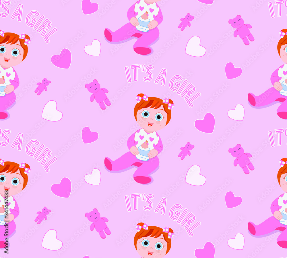 Obraz premium Seamless pattern with a vector flat image of a girl with a bottle, also on the background there are pink bears, hearts and the inscription 