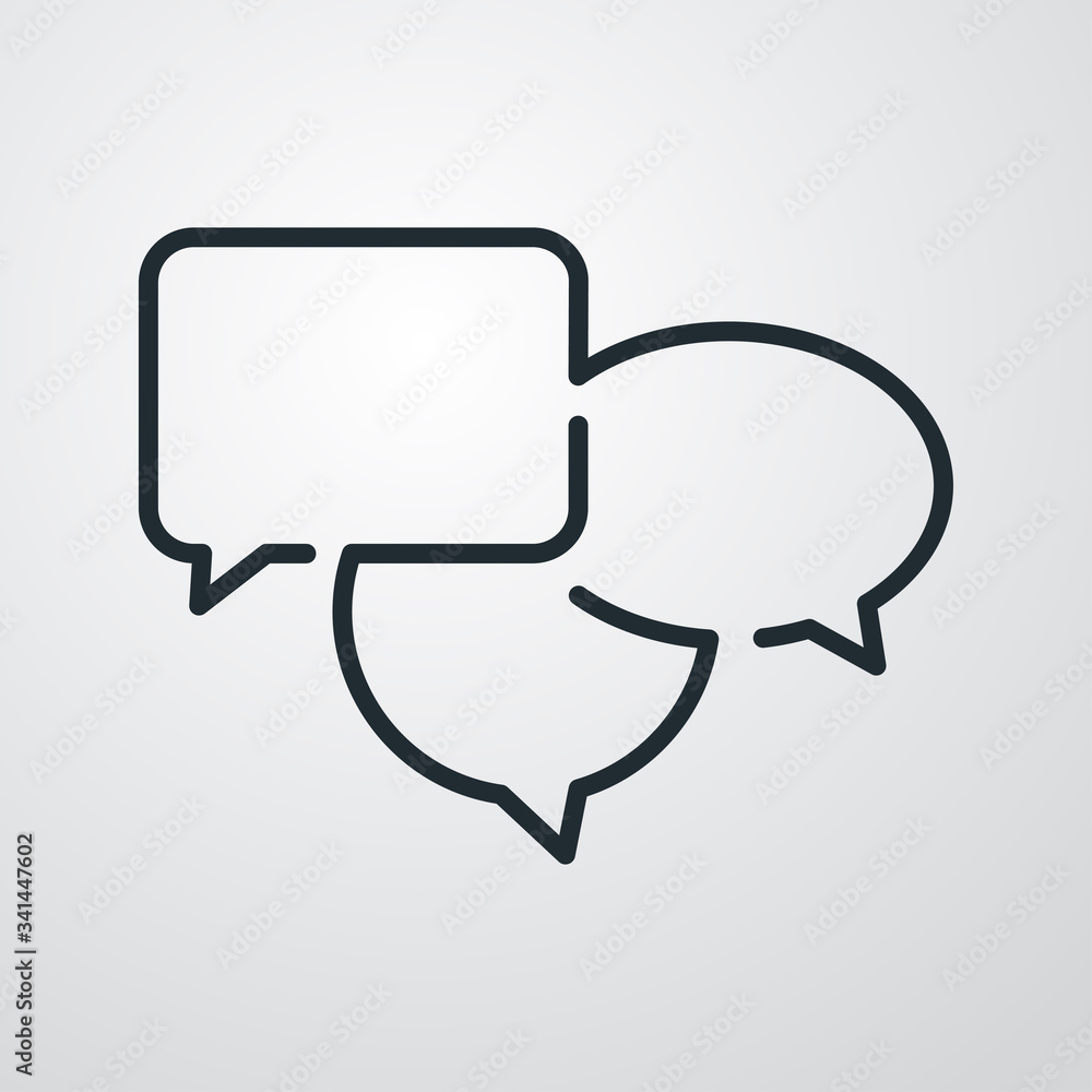Símbolo comunicación. Icono plano lineal 3 globos de habla en fondo gris Símbolo comunicación. Icono plano lineal 3 globos de habla en fondo gris