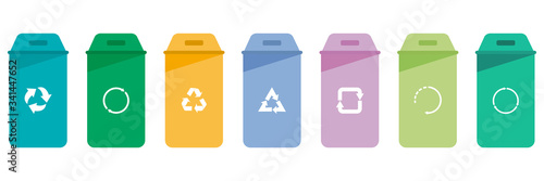 Separation concept. Set of color recycle bin icons in trendy flat style, waste recycling symbol, front view