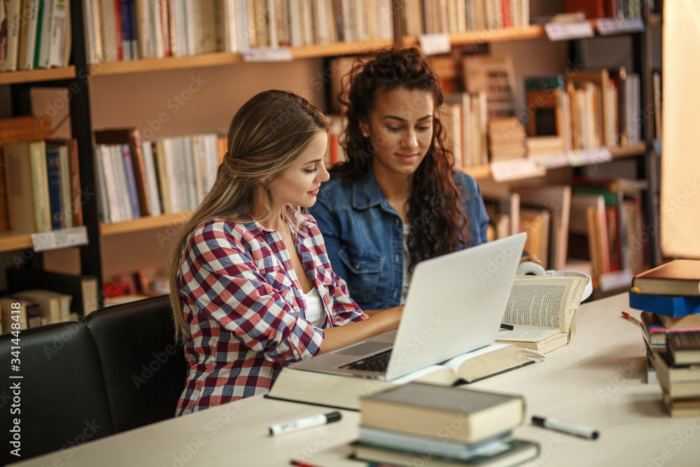 Two female students study in the college library.Learning and preparing for exam.
Two female students study in the college library.Learning and preparing for exam.