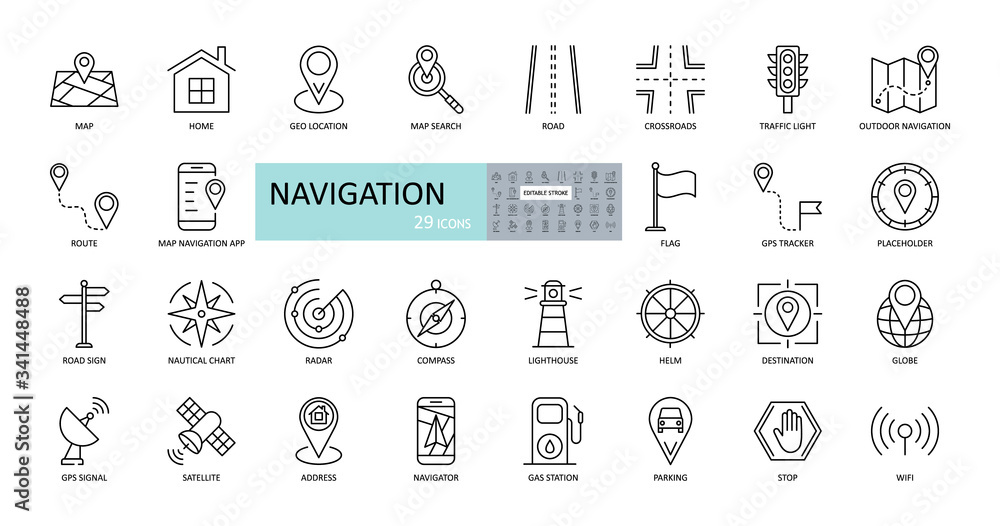 Vector navigation icons. Editable Stroke. Images of land, air, sea navigation. Road, route, map, stop sign, satellite, globe, radar, GPS, compass, application.