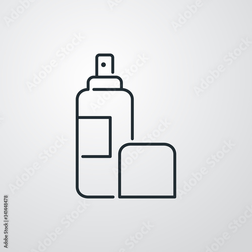 Icono plano lineal spray desinfectante en fondo gris