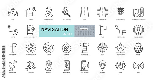 Vector navigation icons. Editable Stroke. Images of land, air, sea navigation. Road, route, map, stop sign, satellite, globe, radar, GPS, compass, application.