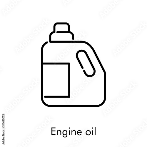 Icono plano lineal con texto Engine oil con botella de plástico en color negro