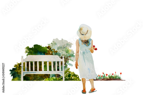 Young girl with tulips back to watcher going to the garden bench. Original watercolor spring gardening illustration