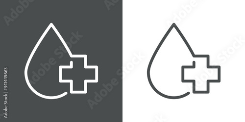 Icono plano lineal gota con cruz en fondo gris y fondo blanco