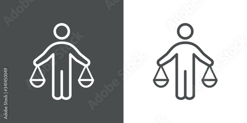 Símbolo de justicia y moral. Icono plano lineal hombre de pie como balanza en fondo gris y fondo blanco