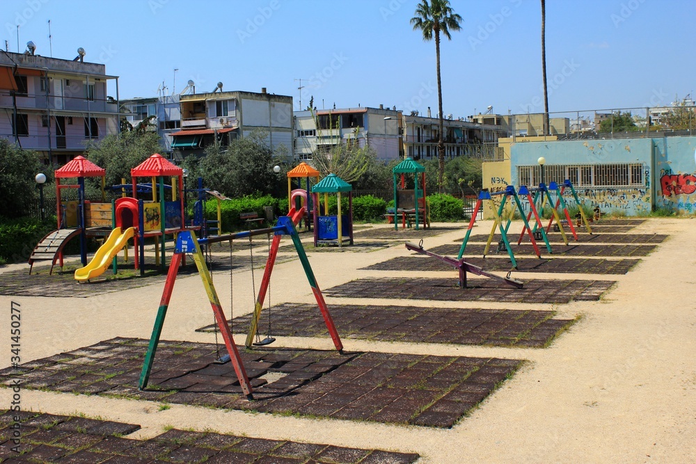 Athens, Greece, April 11 2020 - Empty playground due to Coronavirus quarantine measures. Athens, Greece, April 11 2020 - Empty playground due to Coronavirus quarantine measures.