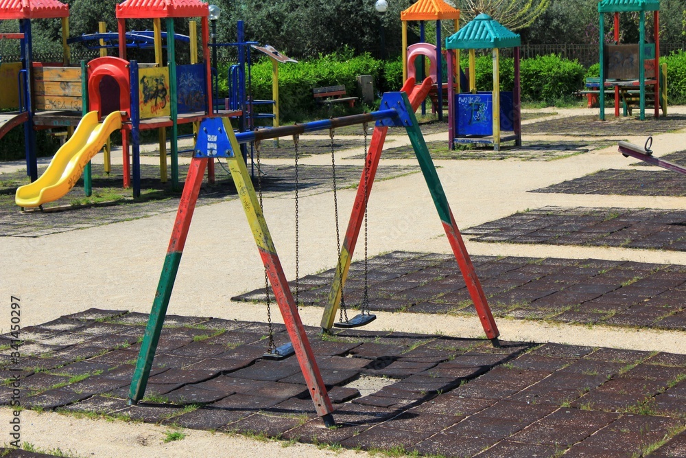 Athens, Greece, April 11 2020 - Empty playground due to Coronavirus quarantine measures. Athens, Greece, April 11 2020 - Empty playground due to Coronavirus quarantine measures.