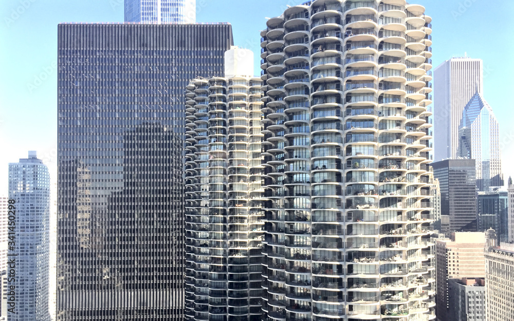 The architectural details of Marina City, a mixed-use residential-commercial building complex designed by architect Bertrand Goldberg.
