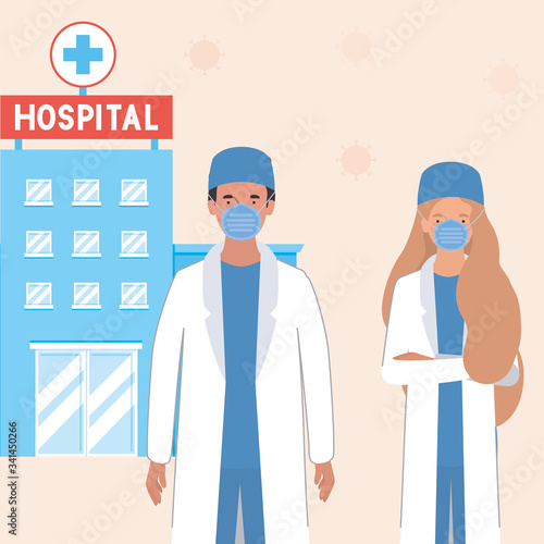 Woman and man doctors with masks against 2019 ncov virus vector design