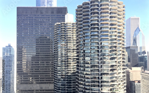The architectural details of Marina City, a mixed-use residential-commercial building complex designed by architect Bertrand Goldberg.