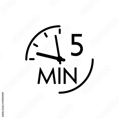 Icono plano lineal reloj con texto 5 min en color negro