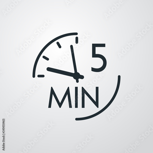 Icono plano lineal reloj con texto 5 min en fondo gris